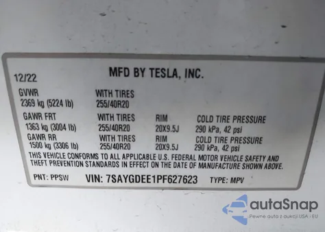 2023 Tesla Model Y Awd/Long Range Dual Motor All-Wheel Drive z USA, uszkodzony, nr VIN 7SAYGDEE1PF627623